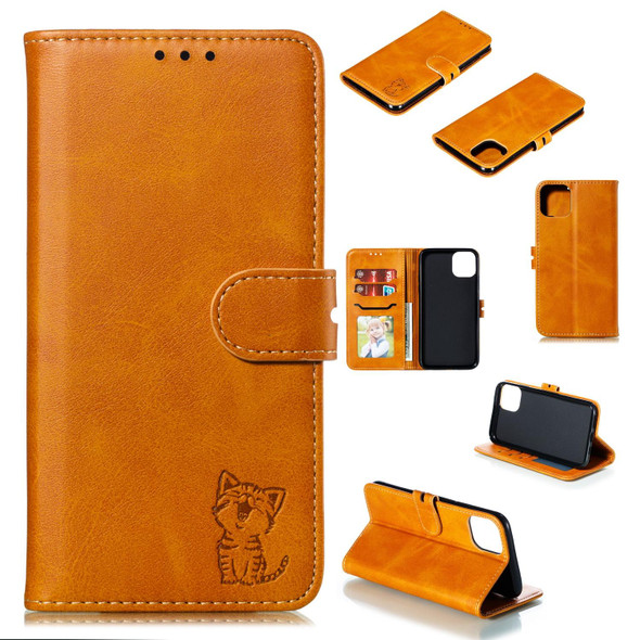 Embossed Happy Cat Pattern Horizontal Flip Leatherette Case with Holder & Card Slots & Wallet - iPhone 13 mini(Yellow)