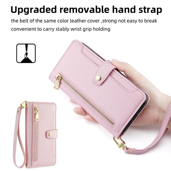 For iPhone 14 Sheep Texture Cross-body Zipper Wallet Leatherette Phone Case(Pink)