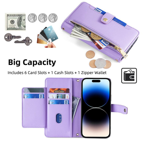 For iPhone 14 Pro Sheep Texture Cross-body Zipper Wallet Leatherette Phone Case(Purple)