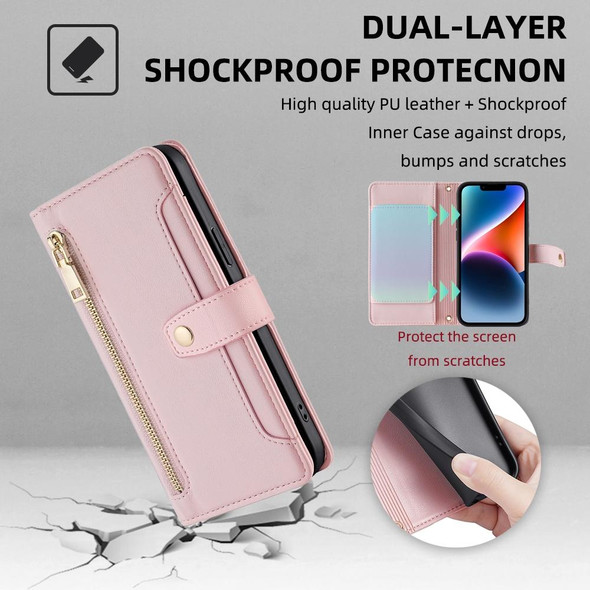 For iPhone 13 Pro Sheep Texture Cross-body Zipper Wallet Leatherette Phone Case(Pink)