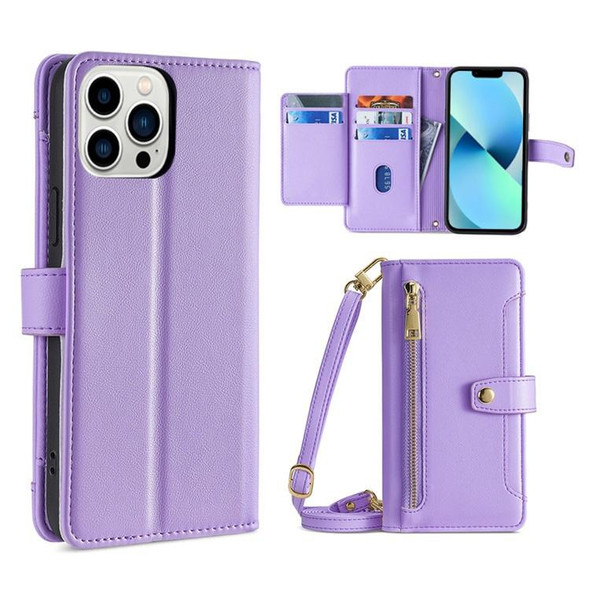 For iPhone 13 Pro Max Sheep Texture Cross-body Zipper Wallet Leatherette Phone Case(Purple)