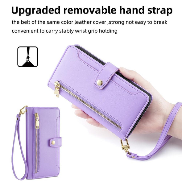 For iPhone 13 Pro Max Sheep Texture Cross-body Zipper Wallet Leatherette Phone Case(Purple)