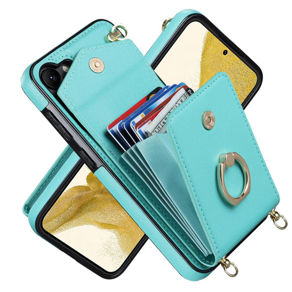 For Samsung Galaxy S22 5G Ring Holder RFID Card Slot Phone Case with Long Lanyard(Mint Green)