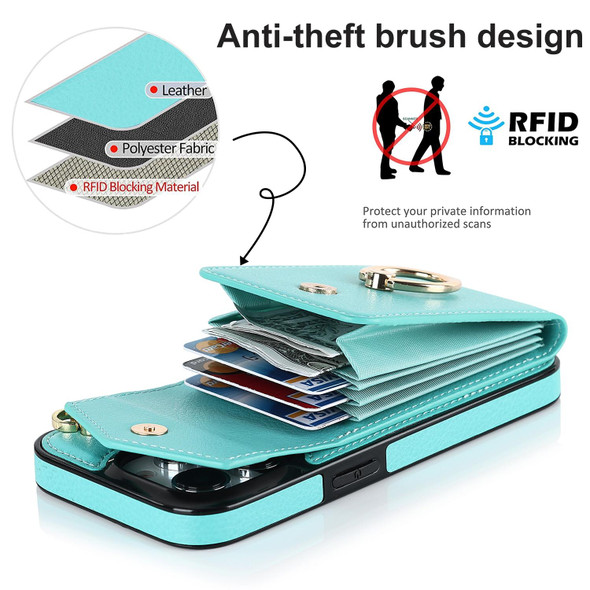 For iPhone 14 Plus Ring Holder RFID Card Slot Phone Case with Long Lanyard(Mint Green)