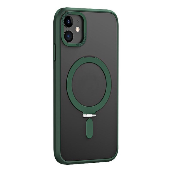 For iPhone 11 Skin Feel MagSafe Shockproof Phone Case with Holder(Dark Green)