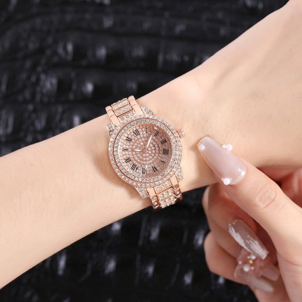 Full Diamond Roman Literal Steel Strap Quartz Watch, Color: Gold