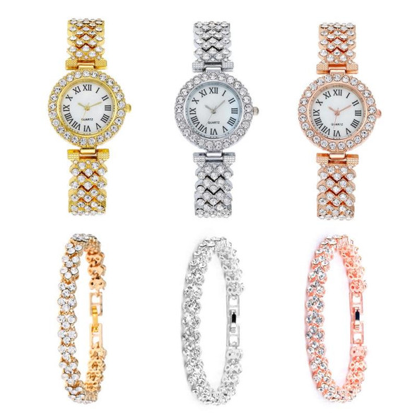 Roman Pattern Diamond Ladies Quartz Watch, Color: Gold