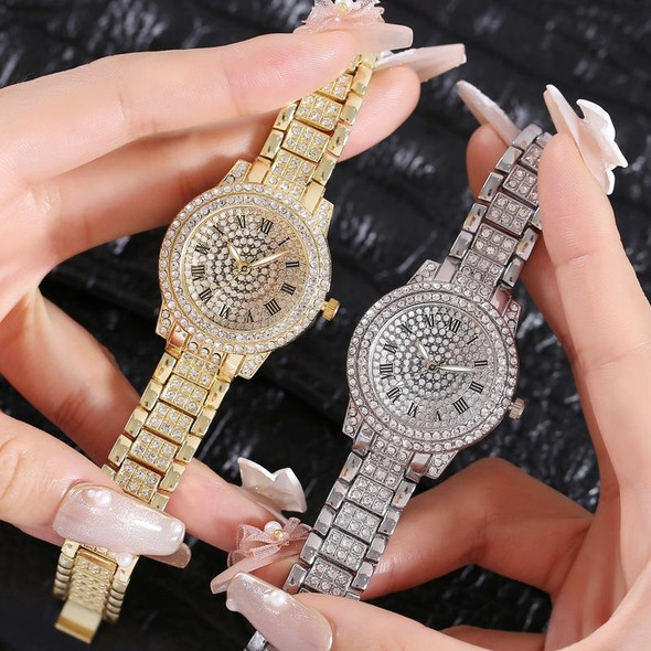 Full Diamond Roman Literal Steel Strap Quartz Watch, Color: Gold+Bracelet