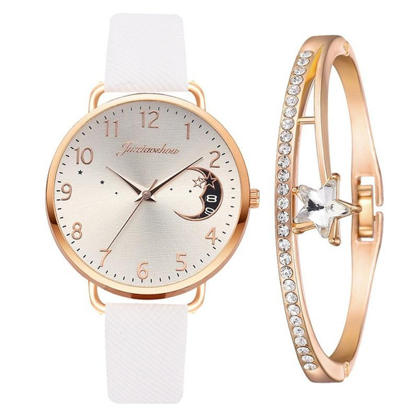 Ladies Moon Pattern Dial PU Strap Quartz Watch, Color: White+Bracelet