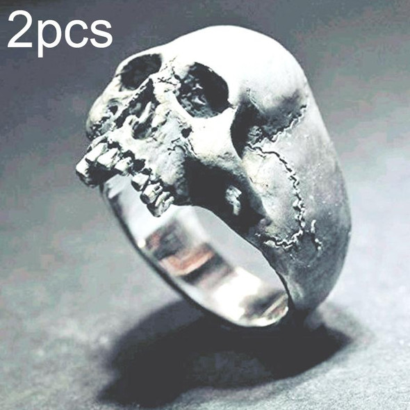C56213 2pcs Punk Vintage Skull Ring Horror Skull Ring Men Gift, Size: 9(Silver)
