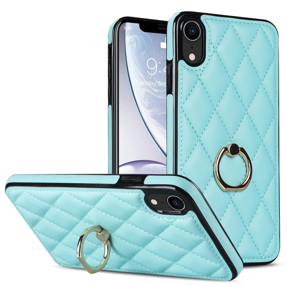 For iPhone XR Rhombic PU Leatherette Phone Case with Ring Holder(Blue)