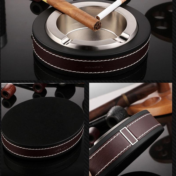 HONEST Cigar Ashtray Metal Cowhide Leather Personalized Ashtray, Color: Black+Black