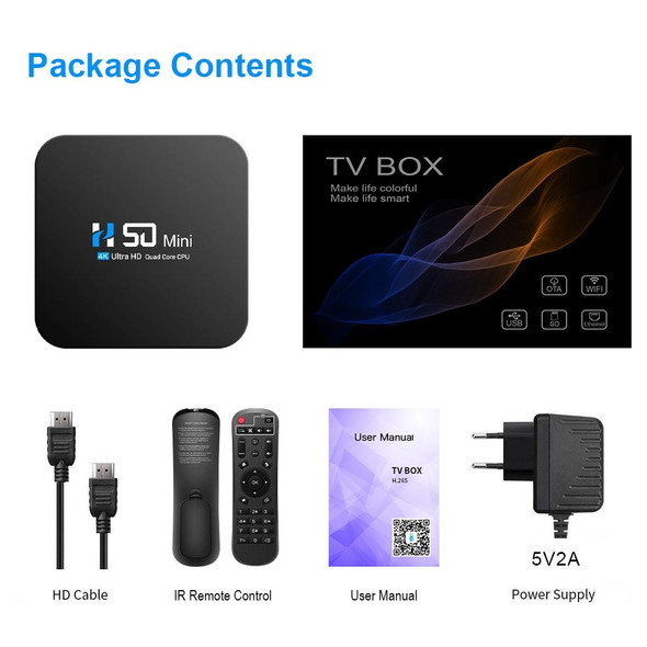 H50 Mini 4K Smart Network TV Box, Android 10.0, RK3318 Quad Core, 2GB+16GB, EU Plug