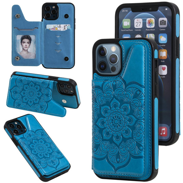 Flower Embossing Pattern Shockproof Protective Case with Holder & Card Slots & Photo Frame - iPhone 12 / 12 Pro(Blue)