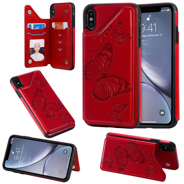 For iPhone XS Max Butterfly Embossing Pattern Shockproof Protective Case with Holder & Card Slots & Photo Frame(Red)