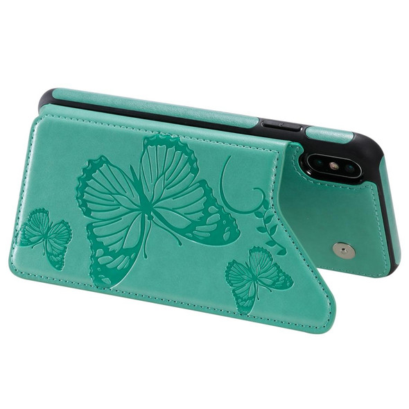 For iPhone XS Max Butterfly Embossing Pattern Shockproof Protective Case with Holder & Card Slots & Photo Frame(Green)