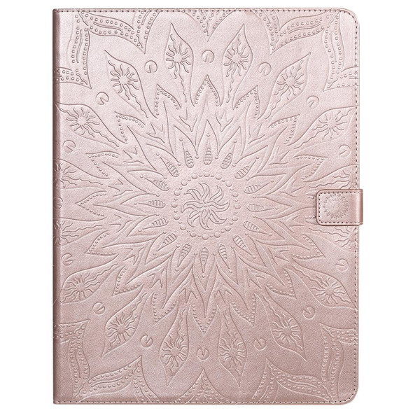 For iPad Pro 12.9 (2020) & Pro 12.9 (2018) Pressed Printing Sunflower Pattern Horizontal Flip PU Leatherette Tablet Case with Holder & Card Slots & Wallet(Rose Gold)