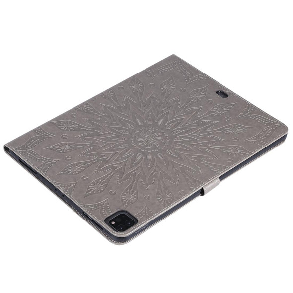 For iPad Pro 12.9 (2020)  & Pro 12.9 (2018) Pressed Printing Sunflower Pattern Horizontal Flip PU Leatherette Tablet Case with Holder & Card Slots & Wallet(Grey)