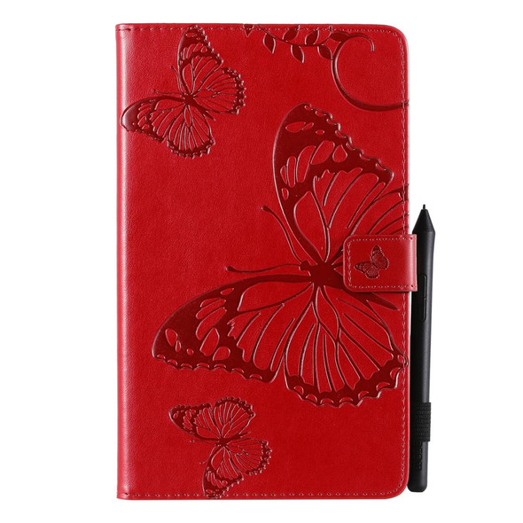 For Galaxy Tab A 8.0 (2019) Pressed Printing Butterfly Pattern Horizontal Flip PU Leatherette Case with Holder & Card Slots & Wallet & Pen Slot(Red)