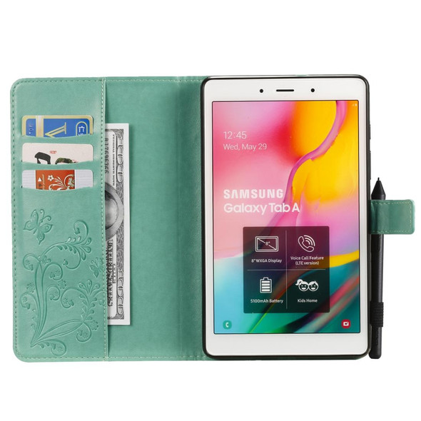 For Galaxy Tab A 8.0 (2019) Pressed Printing Butterfly Pattern Horizontal Flip PU Leatherette Case with Holder & Card Slots & Wallet & Pen Slot(Green)
