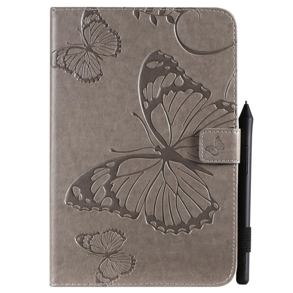 For iPad Mini 2019 & 4 & 3 & 2 & 1 Pressed Printing Butterfly Pattern Horizontal Flip PU Leatherette Case with Holder & Card Slots & Wallet & Pen Slot(Grey)