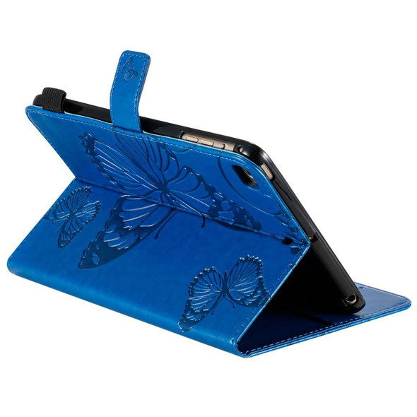 For iPad Mini 2019 & 4 & 3 & 2 & 1 Pressed Printing Butterfly Pattern Horizontal Flip PU Leatherette Case with Holder & Card Slots & Wallet & Pen Slot(Blue)