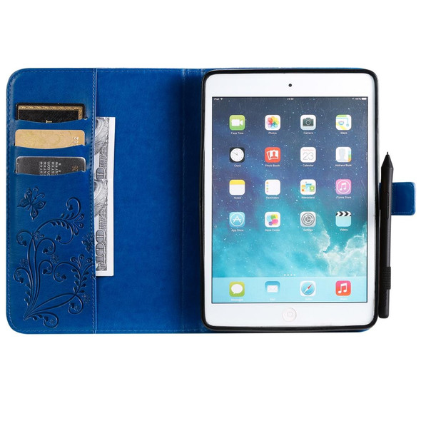 For iPad Mini 2019 & 4 & 3 & 2 & 1 Pressed Printing Butterfly Pattern Horizontal Flip PU Leatherette Case with Holder & Card Slots & Wallet & Pen Slot(Blue)