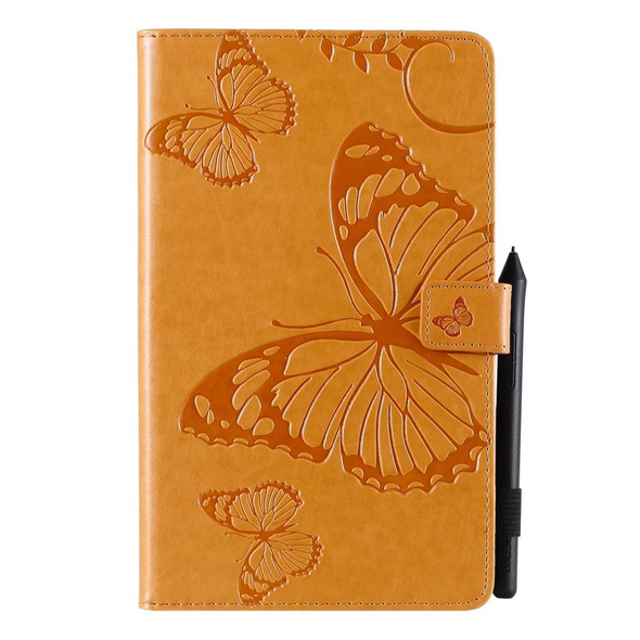 For Galaxy Tab A 8.0 (2019) Pressed Printing Butterfly Pattern Horizontal Flip PU Leatherette Case with Holder & Card Slots & Wallet & Pen Slot(Yellow)