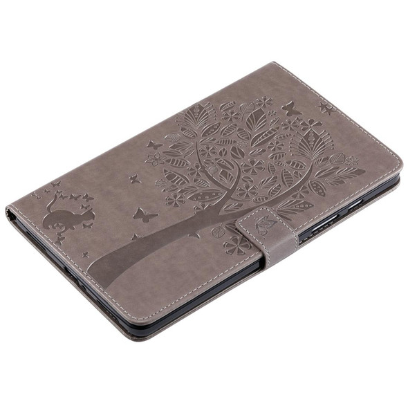 For Galaxy Tab A 8.0 (2019) T295/T290 Pressed Printing Cat and Tree Pattern Horizontal Flip Leatherette Case with Holder & Card Slots & Wallet(Grey)