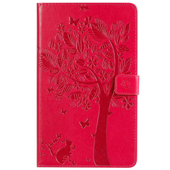 For Galaxy Tab A 8.0 (2019) T295/T290 Pressed Printing Cat and Tree Pattern Horizontal Flip Leatherette Case with Holder & Card Slots & Wallet(Rose Red)