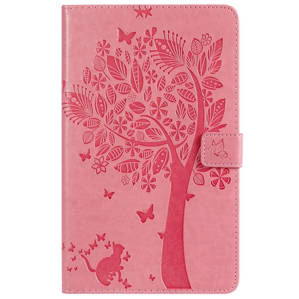 For Galaxy Tab A 8.0 (2019) T295/T290 Pressed Printing Cat and Tree Pattern Horizontal Flip Leatherette Case with Holder & Card Slots & Wallet(Pink)