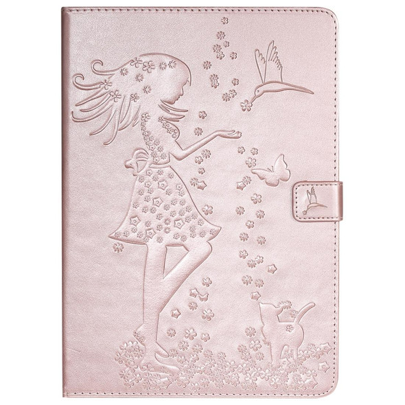 For iPad 10.2 / Pro 10.5 / Air 2019 Pressed Printing Woman and Cat Pattern Horizontal Flip Leatherette Case with Holder & Card Slots & Wallet(Rose Gold)