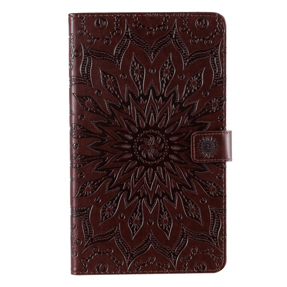 For Galaxy Tab A 8.0 (2019) T295/T290 Pressed Printing Sun Flower Pattern Horizontal Flip Leatherette Case with Holder & Card Slots & Wallet(Brown)