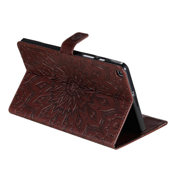 For Galaxy Tab A 8.0 (2019) T295/T290 Pressed Printing Sun Flower Pattern Horizontal Flip Leatherette Case with Holder & Card Slots & Wallet(Brown)