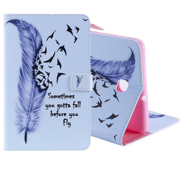 For Galaxy Tab A 8.0 (2018) T387 Colored Drawing Pattern Horizontal Flip PU Leatherette Case with Holder & Card Slots & Wallet(Feather)