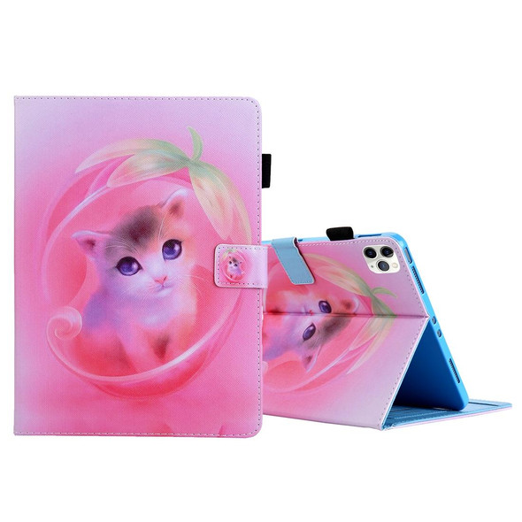 For iPad Pro 11 (2020) & (2018) Painted Pattern Tablet PC Protective Leatherette Case with Bracket & Card Slot & Photo Holder(Pink Background Cat)