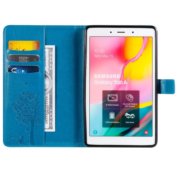 For Galaxy Tab A 8.0 (2019) T295/T290 Pressed Printing Cat and Tree Pattern Horizontal Flip Leatherette Case with Holder & Card Slots & Wallet(Blue)