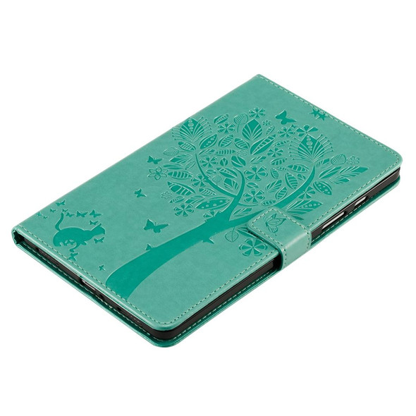For Galaxy Tab A 8.0 (2019) T295/T290 Pressed Printing Cat and Tree Pattern Horizontal Flip Leatherette Case with Holder & Card Slots & Wallet(Green)