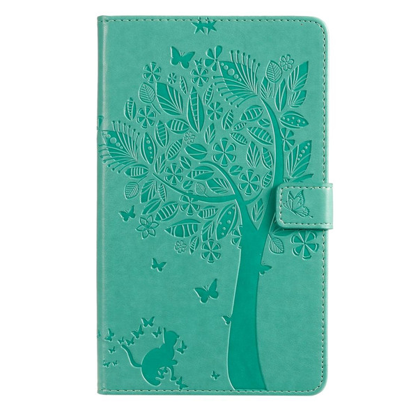 For Galaxy Tab A 8.0 (2019) T295/T290 Pressed Printing Cat and Tree Pattern Horizontal Flip Leatherette Case with Holder & Card Slots & Wallet(Green)