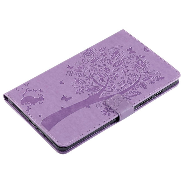 For Galaxy Tab A 8.0 (2019) T295/T290 Pressed Printing Cat and Tree Pattern Horizontal Flip Leatherette Case with Holder & Card Slots & Wallet(Purple)