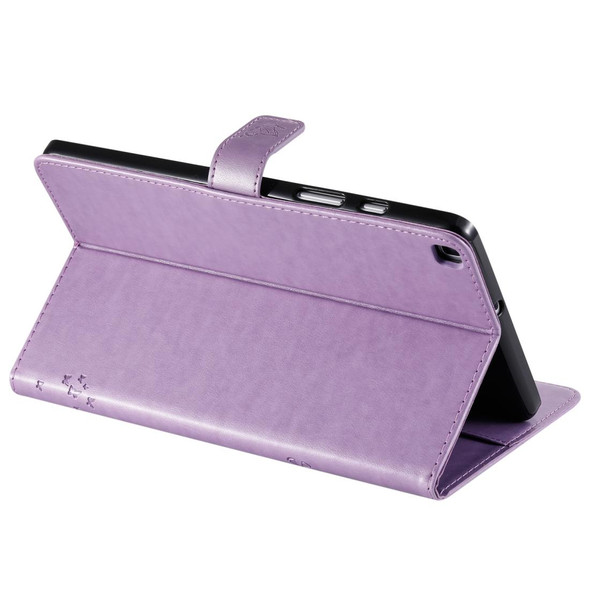 For Galaxy Tab A 8.0 (2019) T295/T290 Pressed Printing Cat and Tree Pattern Horizontal Flip Leatherette Case with Holder & Card Slots & Wallet(Purple)
