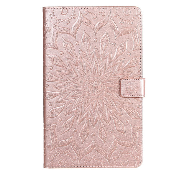 For Galaxy Tab A 8.0 (2019) T295/T290 Pressed Printing Sun Flower Pattern Horizontal Flip Leatherette Case with Holder & Card Slots & Wallet(Rose Gold)