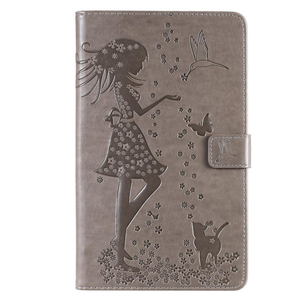 For Galaxy Tab A 8.0 (2019) T295/T290 Pressed Printing Woman and Cat Pattern Horizontal Flip Leatherette Case with Holder & Card Slots & Wallet(Grey)
