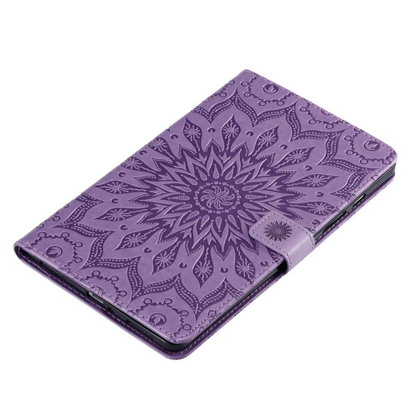 For Galaxy Tab A 8.0 (2019) T295/T290 Pressed Printing Sun Flower Pattern Horizontal Flip Leatherette Case with Holder & Card Slots & Wallet(Purple)