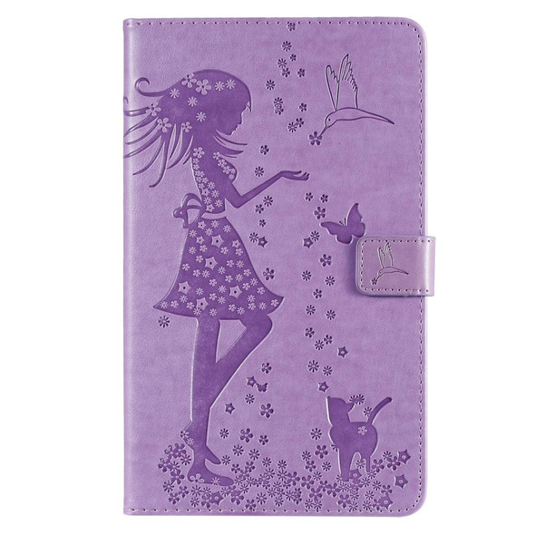 For Galaxy Tab A 8.0 (2019) T295/T290 Pressed Printing Woman and Cat Pattern Horizontal Flip Leatherette Case with Holder & Card Slots & Wallet(Purple)