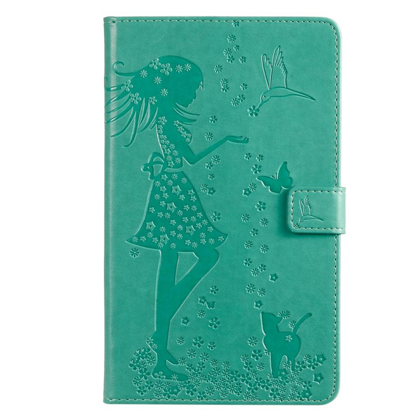 For Galaxy Tab A 8.0 (2019) T295/T290 Pressed Printing Woman and Cat Pattern Horizontal Flip Leatherette Case with Holder & Card Slots & Wallet(Green)