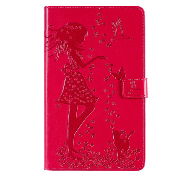 For Galaxy Tab A 8.0 (2019) T295/T290 Pressed Printing Woman and Cat Pattern Horizontal Flip Leatherette Case with Holder & Card Slots & Wallet(Rose Red)