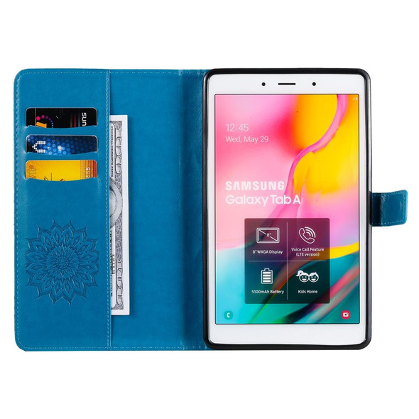 For Galaxy Tab A 8.0 (2019) T295/T290 Pressed Printing Sun Flower Pattern Horizontal Flip Leatherette Case with Holder & Card Slots & Wallet(Blue)