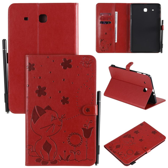 For Samsung Galaxy Tab E9.6 T560 Cat Bee Embossing Pattern Shockproof Table PC Protective Horizontal Flip Leatherette Case with Holder & Card Slots & Wallet & Pen Slot(Red)