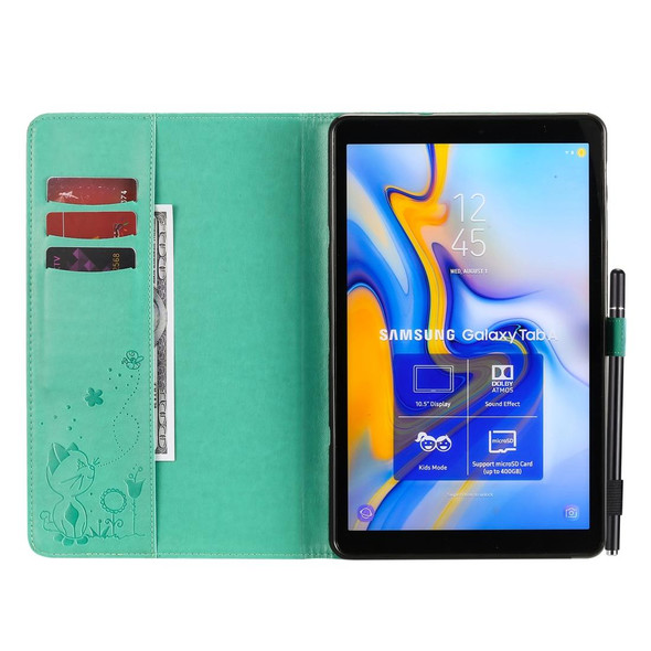 For Samsung Galaxy Tab A10.5 T590 / T595 Cat Bee Embossing Pattern Shockproof Table PC Protective Horizontal Flip Leatherette Case with Holder & Card Slots & Wallet & Pen Slot & Wake-up / Sleep Function(Green)